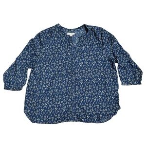 Jachs Girlfriend Women's Printed 3/4 Sleeve Hidden Button Blouse Blue Size XL